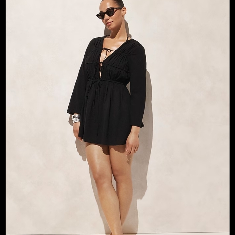 J Crew Tiered tie-front dress in beach cotton NWT XXS Black CA803